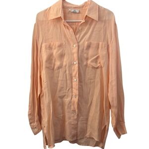 Zanella Italy Peach Linen Button Down Shirt Womens Size 12 Long Sleeve Pocket